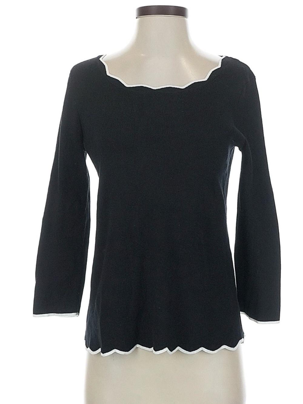 Cable & Gauge Black & White Scalloped Rib Knit Pullover Sweater - Size L